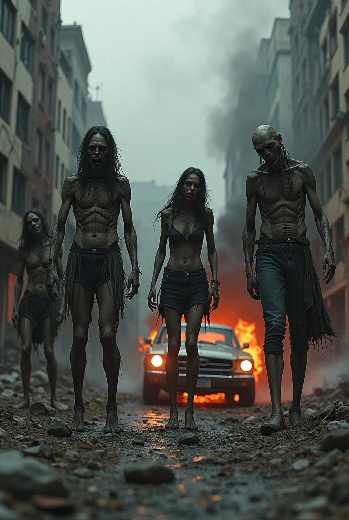 A group of sexy male and female Zombies standing, creepy realistic ruined city, car on fire 