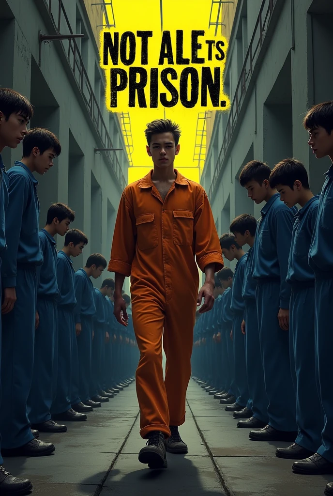 "A powerful and intense scene featuring a young man walking down a narrow corridor in a prison, wearing a worn-out orange jumpsuit. He walks confidently with a serious expression, while rows of prisoners in blue uniforms are kneeling on both sides of the corridor, their heads bowed in submission. The setting is grim, with high walls and barred windows creating a sense of confinement. The background text in bold, black and yellow, contrasts sharply with the scene, emphasizing the theme of struggle and oppression. The overall mood is dark, serious, and thought-provoking."