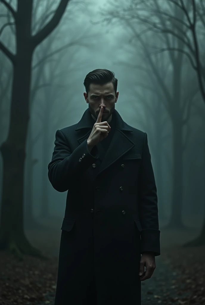An image where a man appears.
Making silence with your finger in a terrifying environment