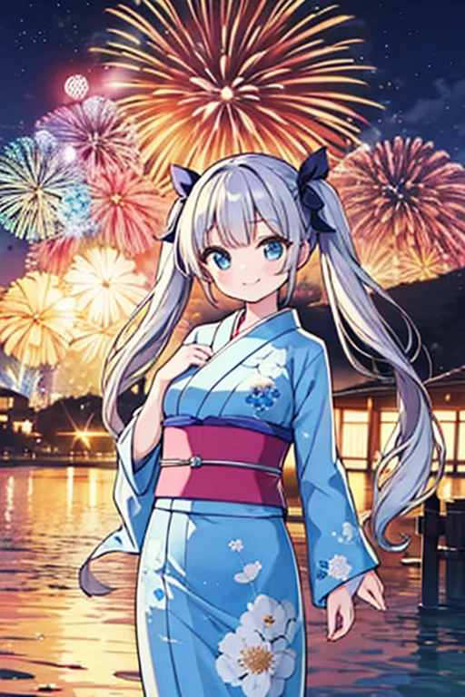 Highest quality,masterpiece,cute,One girl,Twin tails,bionde,Blue eyes,Japanese Yukata,Summer festival,stall,Hair Ribbon,Large Breasts,fun,smile,Fireworks display