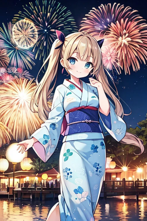 Highest quality,masterpiece,cute,One girl,Twin tails,bionde,Blue eyes,Japanese Yukata,Summer festival,stall,Hair Ribbon,Large Breasts,fun,smile,Fireworks display