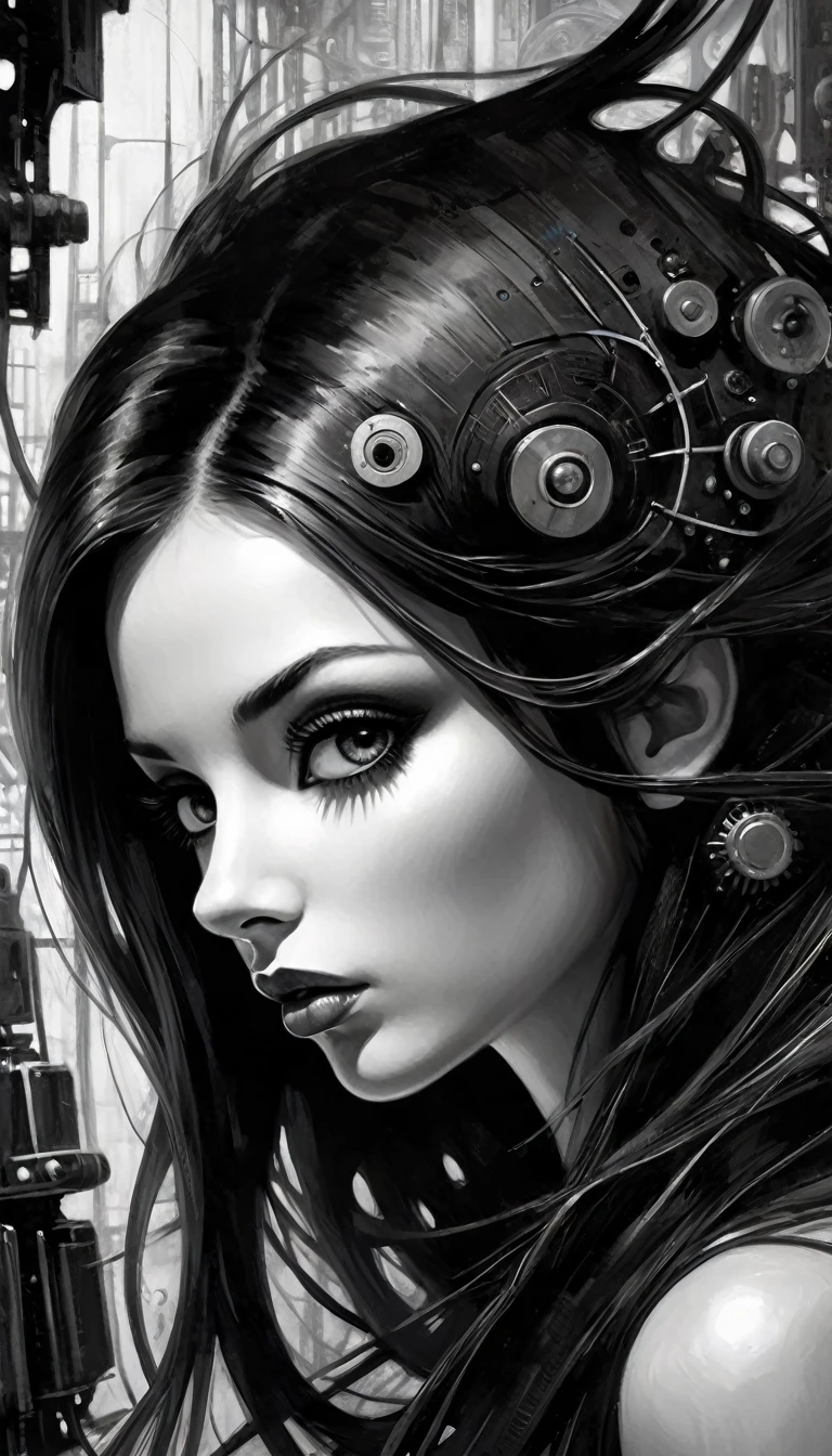 sexy girl with long hair and a futuristic appearance controls the control panel of a convoluted futuristic industrial machinery, (best quality, 4k, 8k, high resolution, masterpiece: 1.2), ultra detailed, (realistic, photorealistic , black and white: 1.37), intricate details, black and white image, sharp focus, professional, artwork by Dave McKean, surreal oil touch, oil painting style, portrait, woman, beautiful detailed eyes, beautiful lips detailed, dreamy atmosphere, shadow play, soft lighting, playful pose, dark tones, ethereal background, fantasy elements, texture, layered composition. Black and white image, brush stroke details that improve depth.