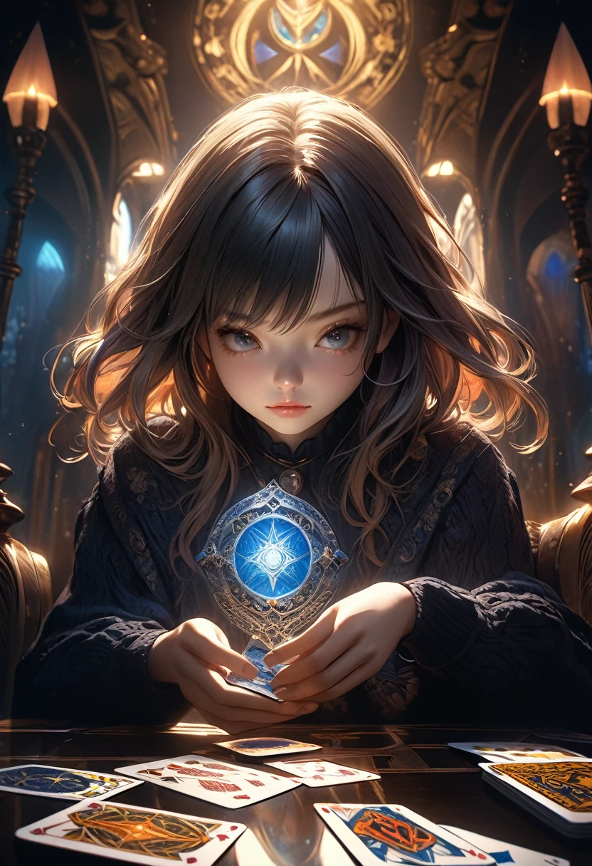 Beautiful cute girl, playing a card game with tarot cards:1.2, trick-taking rules, (occult, mystical, esoteric, spiritual patterned cards), intricate details, dramatic lighting, chiaroscuro, moody, ornate ,Detailed Textures, Cinematic, Dramatic Shadows, Fantastic, Dreamy, Surreal, Vibrant Colors, (Best Quality, 4K, 8K, High Resolution, Masterpiece: 1.2), Super Detailed, (Realistic, Photorealistic, Photorealistic: 1.37)