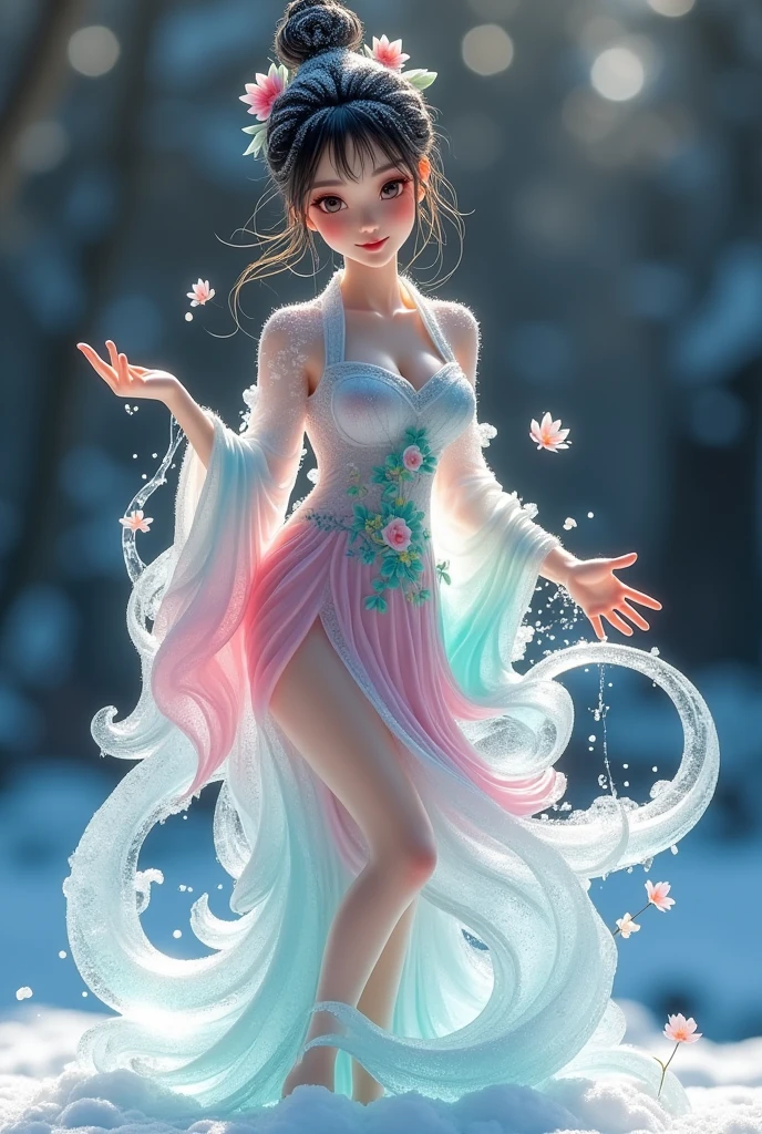 (ice - carving:1.4),Movie Angle,(Cute ice sculpture girl,Anatomically correct,full bodyesbian,Masterpiece ice sculpture camellia,Representative work Hanfu,Smile,full body arts,traditional arts,Amazing arts,sexy style, erotic art style, Chinese queen, chinese nude girl, cute girls, colorful dress,)
