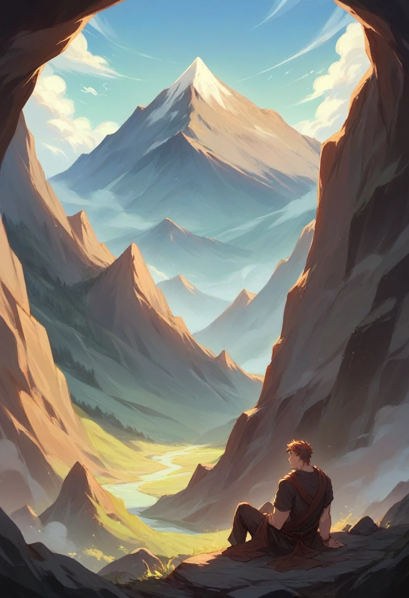 A beautiful scenery of the mountain and nature a men sitting in the rock