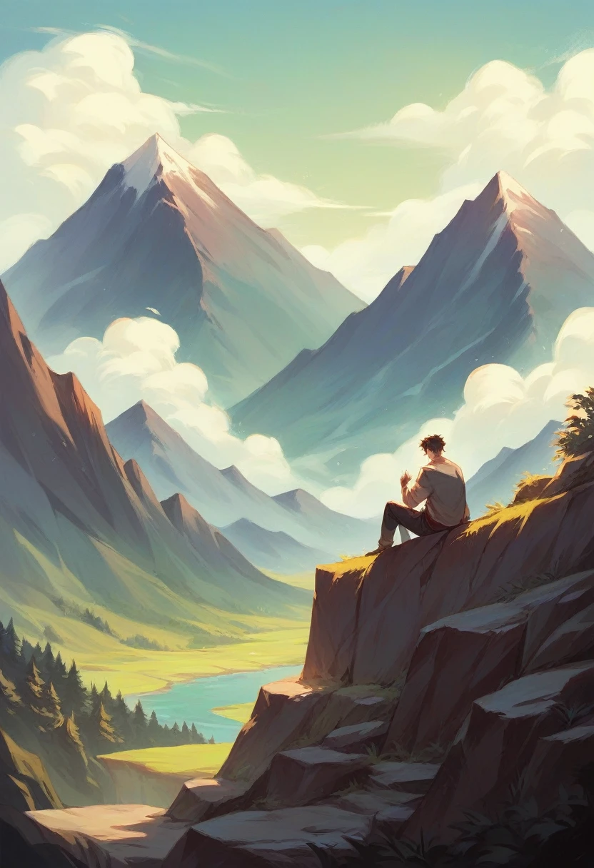 A beautiful scenery of the mountain and nature a men sitting in the rock 