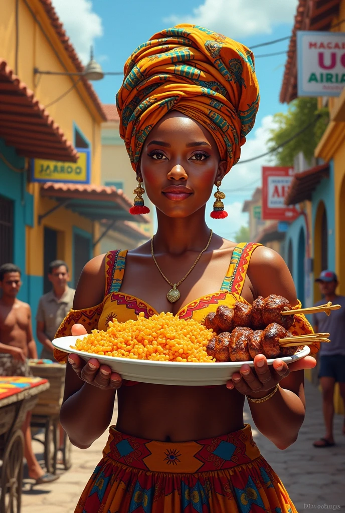 A Bahian woman in typical Pelourinho clothing holding acarajé in one hand and a barbecue skewer in the other hand