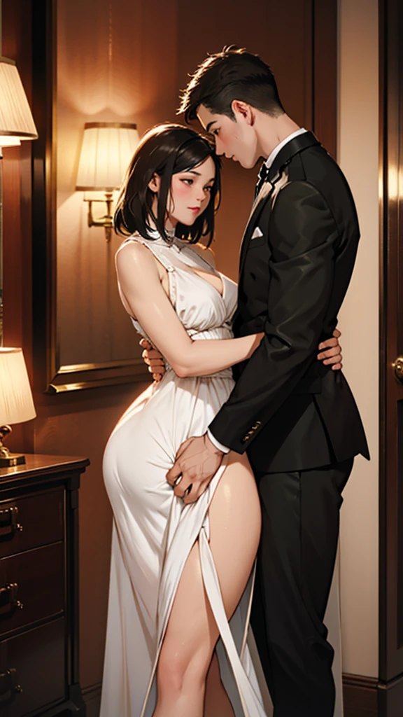A young couple embracing, romantic intimate moment, woman in short sexy dress, big hips, evening lighting, vintage interior