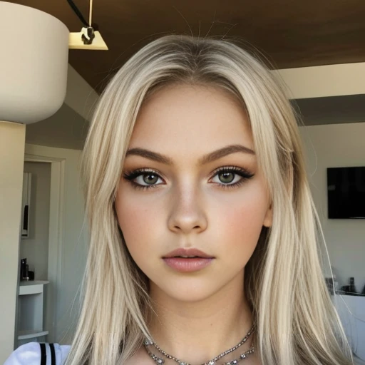 1 fille dans, 19 ans, seulement, blond, cheveux longs, Colossal , regarder le spectateur, cheveux blond, Épaules nues, yeux marrons, bijoux, tout le corps, un collier, hors des épaules, Chandails, Réaliste, Un sexy