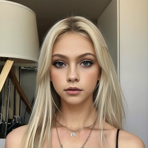 1 fille dans, 19 ans, seulement, blond, cheveux longs, Colossal , regarder le spectateur, cheveux blond, Épaules nues, yeux marrons, bijoux, tout le corps, un collier, hors des épaules, Chandails, Réaliste, Un sexy