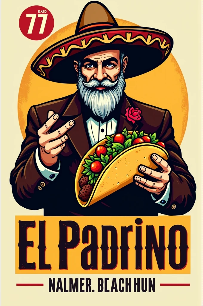 Taqueria logo A godfather holding a taco de pastor with Mexican loteria style and number 77 Change the word taqueria to 'El Padrino' and the 77 in the upper left corner Make the sombrero a little shorter Remove the Feany Inweria and correct the paprino to El Padrino Add the 77 in the upper left corner