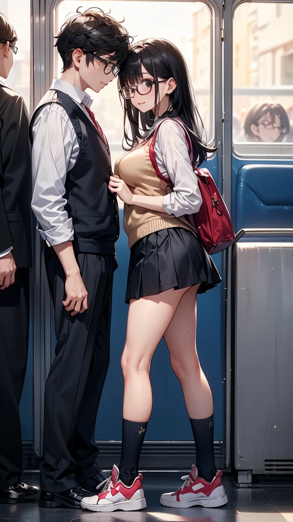 realistic anime art style,(tareme:1.3),(curvy body),black curly hair,(trembling:1.9),(flying heart shapes:1.3),bowtie,dress shirt,pleated short skirt,(checked patterned skirt),(skirt lift),(unpretentious female having sex by male in crowded train:1.2),(sweaty),male grabbing ass,huge buttocks,back shot,(ass grab:1.2),nipple through,happy,(blushed:1.4),look at viewer,orgasm,vaginal penis,(creampie),bukkake on thighs