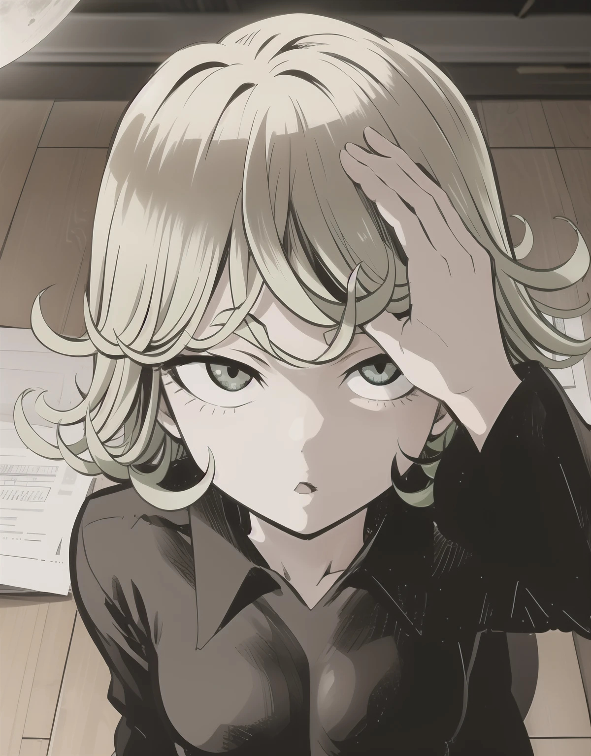 High resolution, Very detailed, Tatsumaki Tornado, Short green hair, Curly Hair, Black Dress, Long sleeve, indoor,moonlight, From above、(Focus on the face)、approach the camera、Looking into the camera、Trying to pat my head、sexy