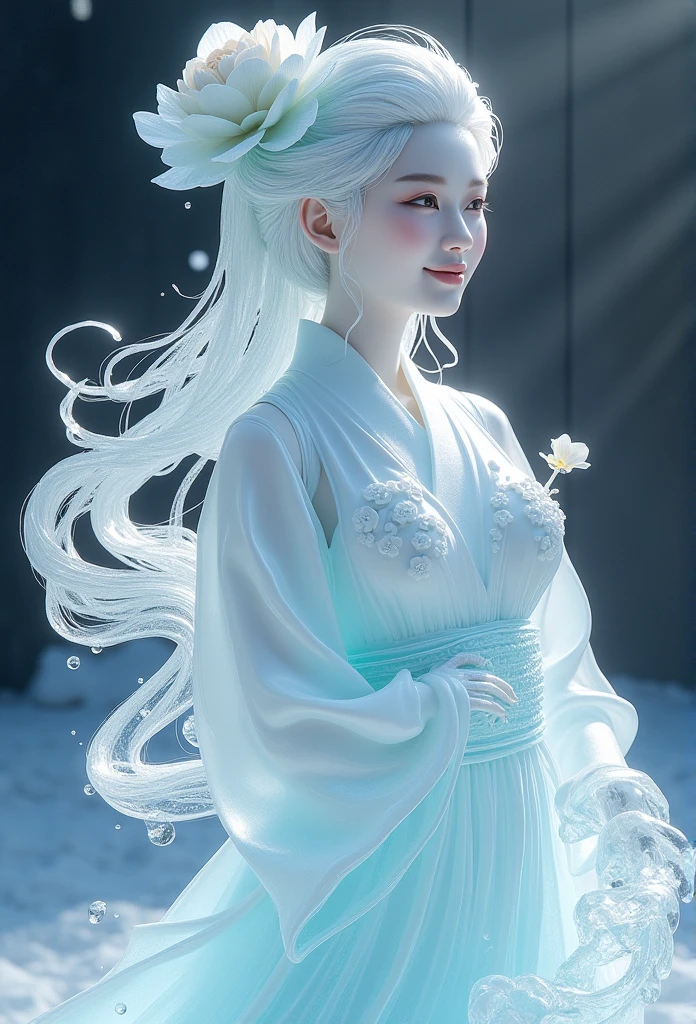 (ice - carving:1.4),Movie Angle,(Fan Bingbing, ice sculpture girl,Anatomically correct,full bodyesbian,Masterpiece ice sculpture camellia,Representative work Hanfu,Smile)