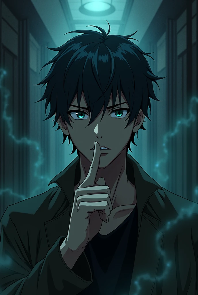 An image where a man appears.
Making silence with your finger in a terrifying anime environment