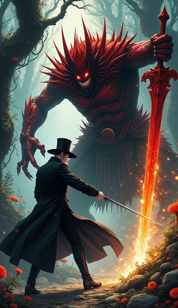 A full-body illustration drawn in the style of Yoshitaka Amano. The character is D from "Vampire Hunter D." He is dressed in all black, wearing a long coat and a white shirt in the style of a European aristocrat. His handsome features, white skin, and black sun hat stand out as he engages in a fierce battle with Drake the Infernal, a towering figure in dark red, spiked armor with fiery eyes and a menacing grin. Drake wields a massive, flaming sword that emits an intense heat. D wields a long, thin sword and counterattacks while dodging the attacks of Drake the Infernal. His elaborately designed black boots enhance his mysterious presence.
The background is a magical forest, with ethereal light streaming in from twisted trees, mystical plants, and glowing mushrooms. The trees have gnarled shapes, and vibrant flowers and glowing particles float in the air, full of magical energy. The entire illustration is drawn in Yoshitaka Amano's characteristic fantastical and delicate style.






