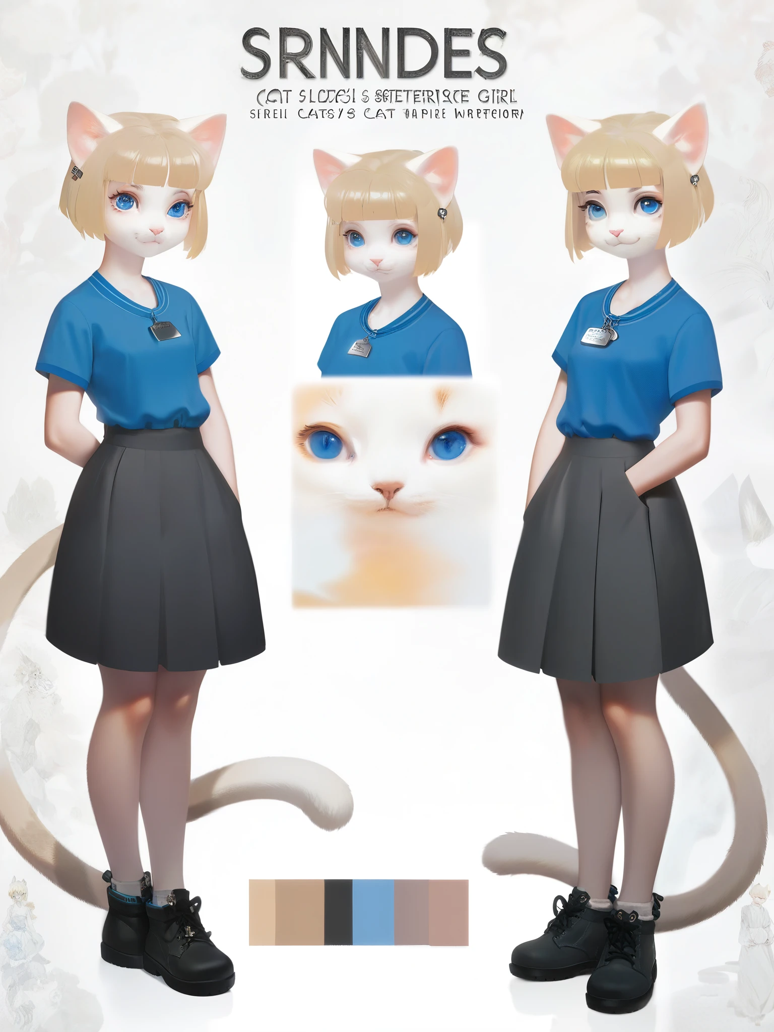 1girl, reference sheet, ((cat's tail)), short stature, short haircut, white skin, blonde hair, square haircut, white ears, cat ears, snide look, smile, solo, cat tag, blue top with sleeves, gray skirt, blue eyes, black shoes, white fluffy tail, ((blue eyes)) character reference, full body, multiple views, difficult design, ((official art)), ((concept art)), ((reference)), ((multiple pictures)), white background