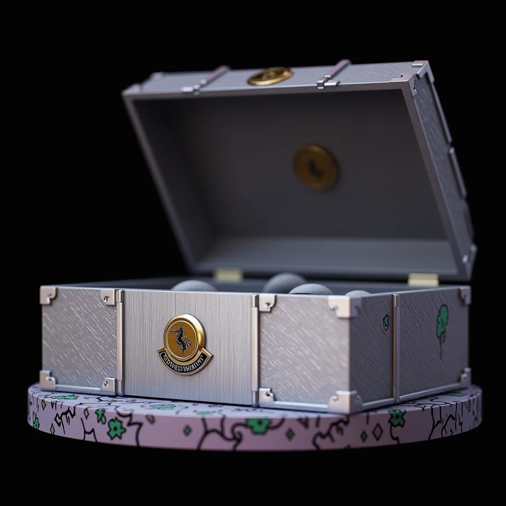 Luxury details，Silver box half open，Metal brushed texture is faintly visible，Graffiti art embellishes the space，The central golden logo shines，Edge inlaid with exquisite metal，Showing nobility in a low-key manner。Slightly lavender reflective。