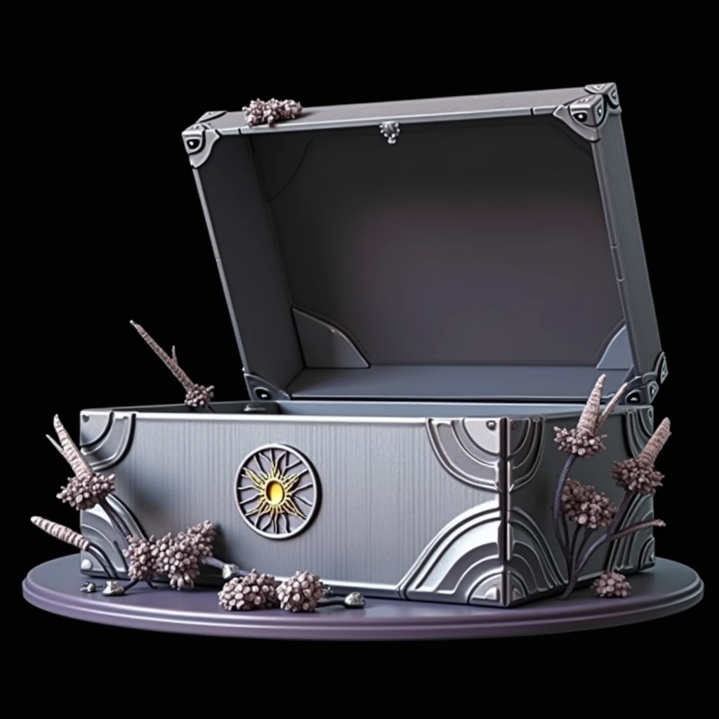 Luxury details,Silver box half open,Metal brushed texture is faintly visible,Graffiti art embellishes the space,The central golden logo shines,Edge inlaid with exquisite metal,Showing nobility in a low-key manner。Slightly lavender reflective。