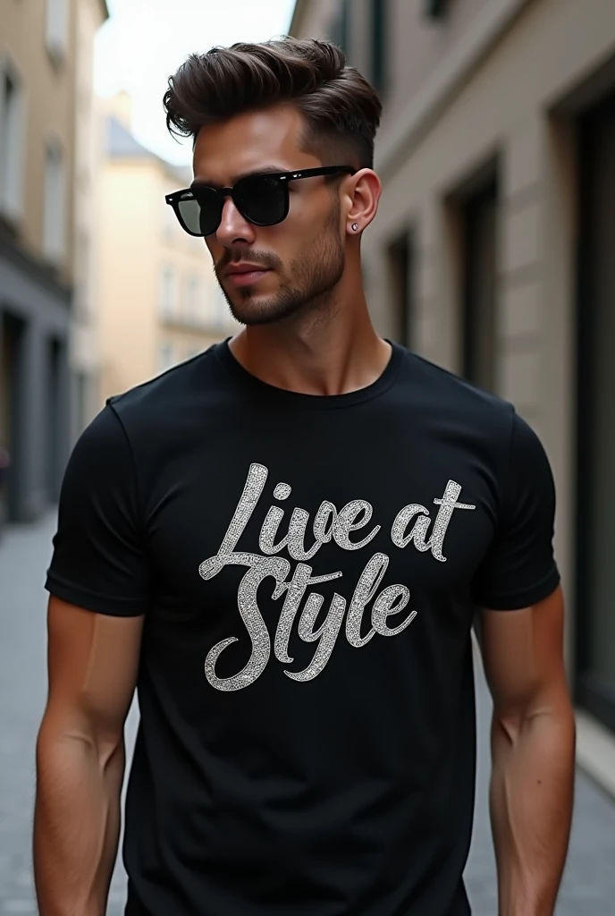 Man wearing t-shirts brand name is ME SHOW words must be in Diamond stones TAG LINE LIVE IN STYLE
Include with BRAND LOGO