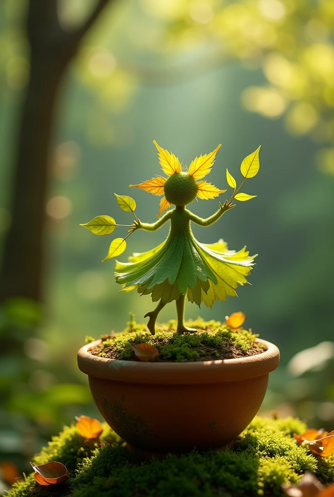A whimsical miniature figure composed of delicately arranged green autumn leaves, poised in a carefree dance on the rjm of a weathered , moss-covered terracotta pot, set against a lush,  vibrant forest backdrop, where dappled sunlight filters through the canopy above,  casting intricate shadows. The overall aesthetic is ethereal, with warm,earthy tones of sienna, umber , and olive green , infused with hints of emerald and golden light,  evoking a sense of wonder and enchantment,  as if plucked from a fantastical realm