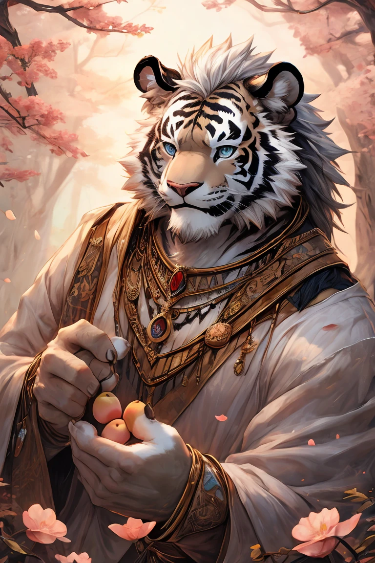 White fur,black strips,white tiger,medium height,Thin body type,Peach Blossom,White hair,Silver necklace,white tiger Orc,short hair,Smile,Solid wood house background,Croak,Peach Blossom Petals,male,Blue eyes,White robe,Peach Blossom Opens,Exquisite eyes,White Tiger, masterpiece, best quality, 8K resolution, Very detailed, hairy, Perfect anatomical structure, Light Particles