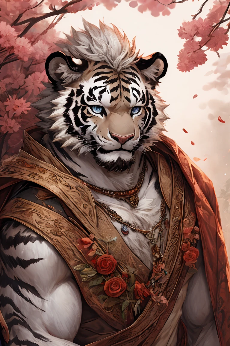 White fur,black strips,white tiger,medium height,Thin body type,Peach Blossom,White hair,Silver necklace,white tiger Orc,short hair,Smile,Solid wood house background,Croak,Peach Blossom Petals,male,Blue eyes,White robe,Peach Blossom Opens,Exquisite eyes,White Tiger, masterpiece, best quality, 8K resolution, Very detailed, hairy, Perfect anatomical structure, Light Particles