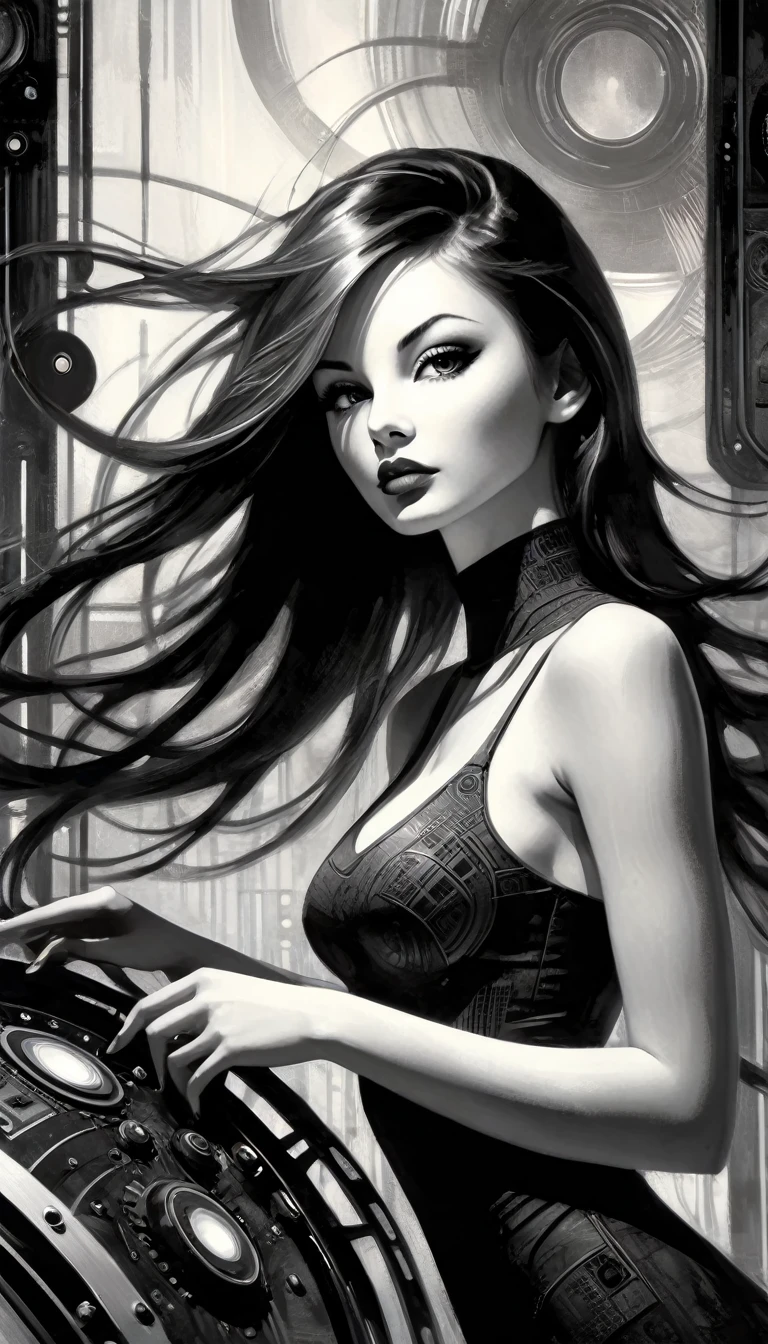 sexy girl with long hair and a futuristic appearance controls the control panel of a convoluted futuristic industrial machinery, (best quality, 4k, 8k, high resolution, masterpiece: 1.2), ultra detailed, (realistic, photorealistic , black and white: 1.37), intricate details, black and white image, sharp focus, professional, artwork by Dave McKean, surreal oil touch, oil painting style, portrait, woman, beautiful detailed eyes, beautiful lips detailed, dreamy atmosphere, shadow play, soft lighting, playful pose, dark tones, ethereal background, fantasy elements, texture, layered composition. Black and white image, brush stroke details that improve depth.
