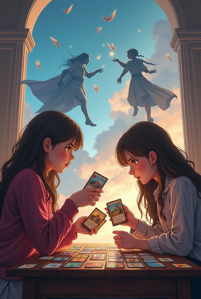 two girls play magic cards game on table, they summon two mages, (two mages fighting in sky:1.9), many magic cards flying in sky, magic cards have comics on them, magic cards holding in all hands