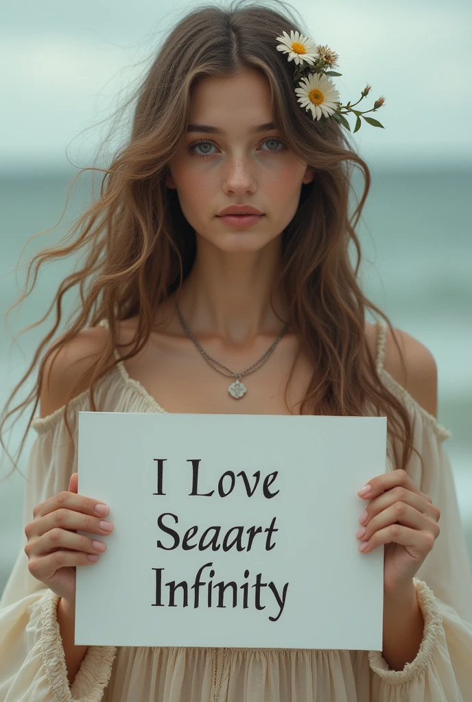 Beautiful girl with wavy long hair, bohemian dress, holding a white board with text "I Love Seaart Infinity" and showing it to the viewer