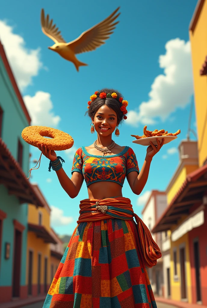A Bahian woman in typical Pelourinho clothing holding acarajé in one hand and a barbecue skewer in the other hand and also a tambaqui flying in the background