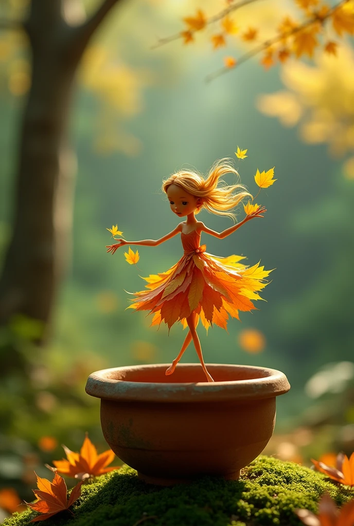 A whimsical miniature figure of girl composed of delicately arranged green autumn leaves, poised in a carefree dance on the rjm of a weathered , moss-covered terracotta pot, set against a lush, vibrant forest backdrop, where dappled sunlight filters through the canopy above, casting intricate shadows. The overall aesthetic is ethereal, with warm,earthy tones of sienna, umber , and olive green , infused with hints of emerald and golden light, evoking a sense of wonder and enchantment, as if plucked from a fantastical realm