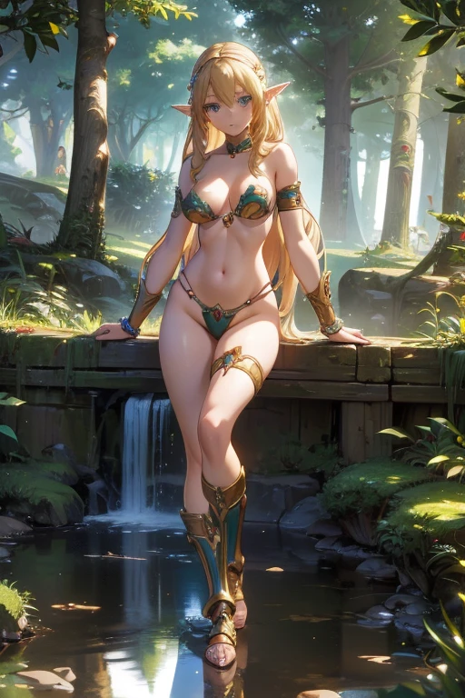 beautiful Alluring female elf knight, Mythological Theme, Fantasy Theme, Fair skin, Long blonde braids, Extremely small cup size, Very short stature，Thin thighs，In the magical forest, Almost no clothes, Bikini Armor, beautiful D&D. Character Portrait, beautiful Fantasy, detailed, Digital Art, 極限までdetailedに, Polished, beautiful, 超detailedな, Complex, Elaborate, Scrupulous, Anime characters, detailed, Anime Face, Sharp focus, Unreal Engine, 3D Rendering, Volumetric lighting, reflection, Shiny, Digital Illustration, Sensual pose, Provocative pose, Full Body Shot, Very small, firm breasts, Anatomically correct，