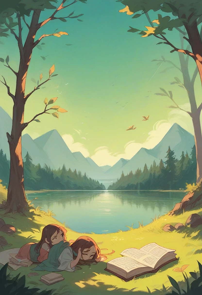 Girl reads a book by the lake, bright colors, spring, willow branches, comfort, warm sunlight