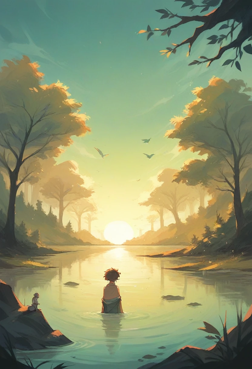 Girl reads a book by the lake, bright colors, spring, willow branches, comfort, warm sunlight