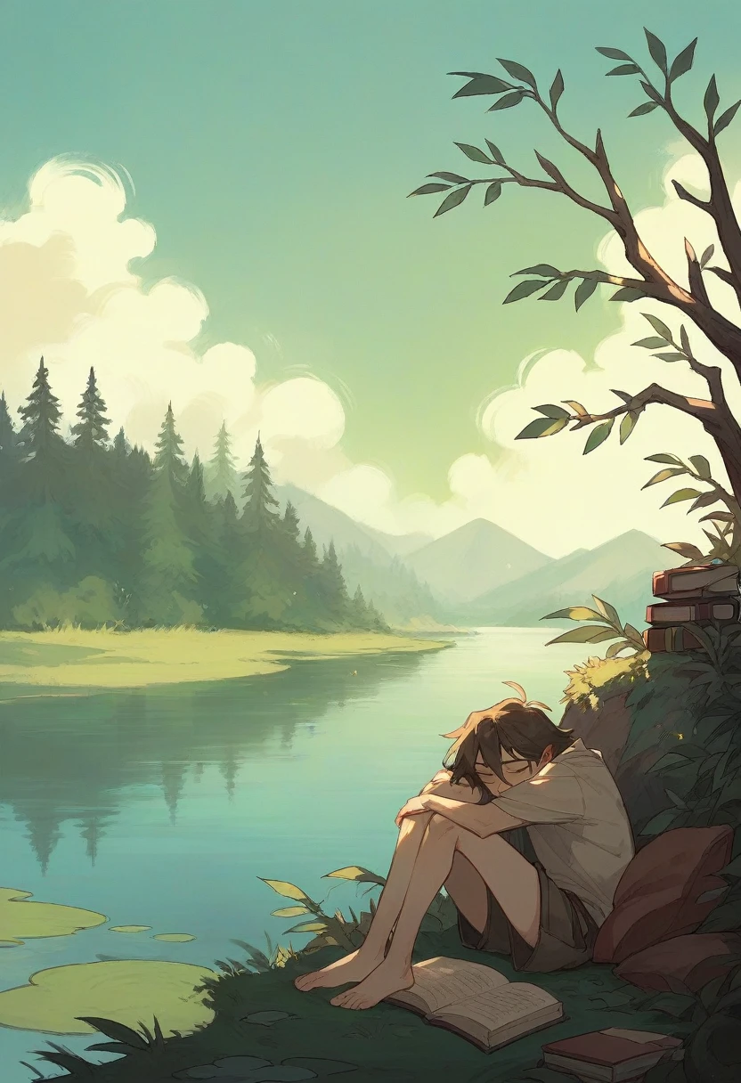 Girl reads a book by the lake, bright colors, spring, willow branches, comfort, warm sunlight