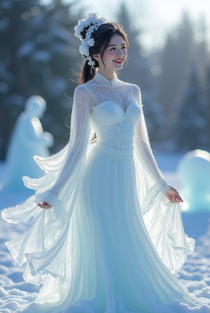 (ice - carving:1.4),Movie Angle,(Cute ice sculpture girl,Anatomically correct,full bodyesbian,Masterpiece ice sculpture camellia,Representative work Hanfu,Smile,full body arts,traditional arts,Amazing arts,sexy style, erotic art style, Chinese queen, chinese nude girl, cute girls, colorful dress,young girls arts)