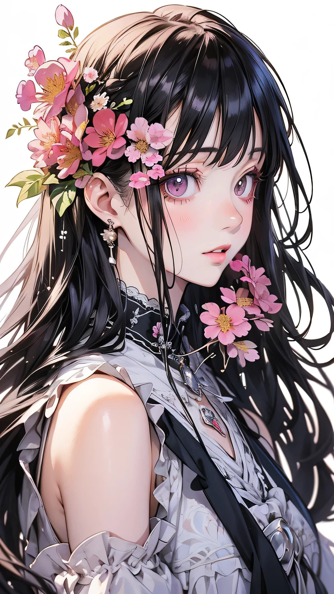 Anime style girl with long hair and flowers, Cute anime waifu in a nice dress, Beautiful Anime Girls, Cute and intricate digital art, Beautiful anime portraits, guweiz on pixiv artstation, Gweiz-style artwork, Guweiz on ArtStation Pixiv, Detailed digital anime art, Anime Style 4k