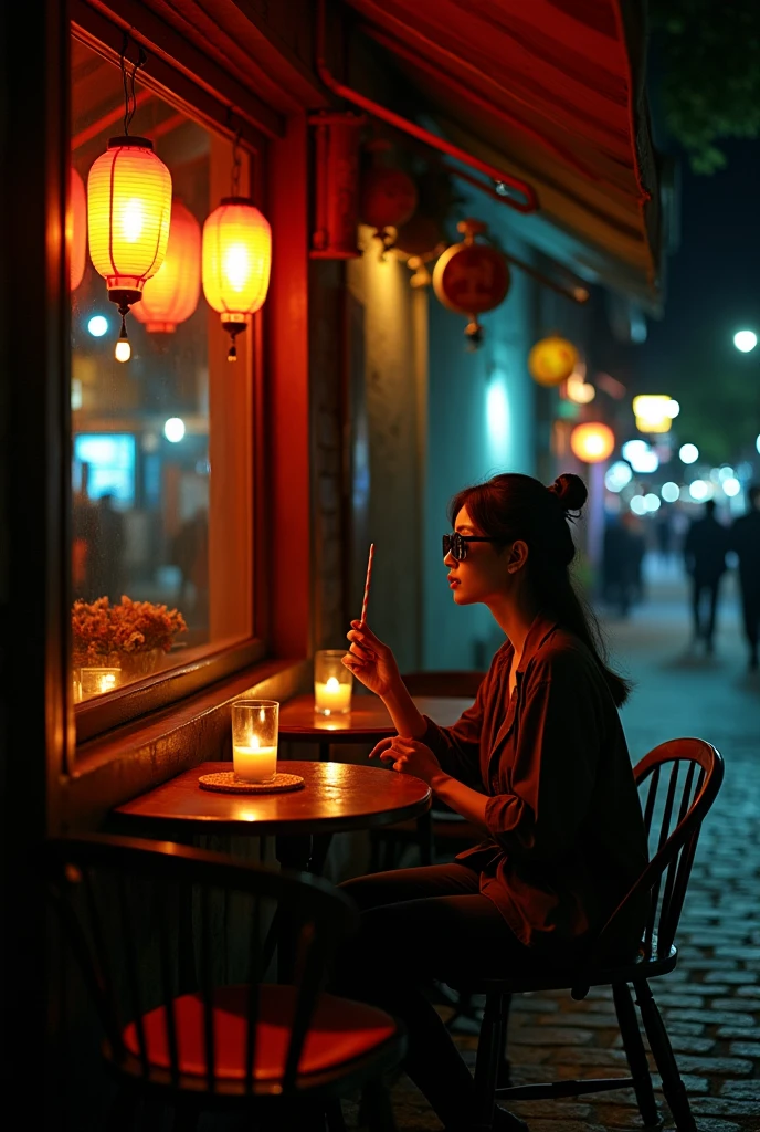 A mysterious night caFe with dimly lit lanterns casting warm glows on cobblestone streets, small tables adorned with Flickering candles, Depressed Asian woman sitting in a dim cafe at night, From the window you can see, Perfect profile, sunglasses, neon black, (Backlight: 1.1), Hard Shadows, artwork, best quality, complicated, Model shooting style, High quality, Film Grain, Incomplete details. capturing the interplay oF shadows and highlights, photography, Full-Frame DSLR with a 50mm prime lens, F/2.8 aperture, --16:9-5 o'clock