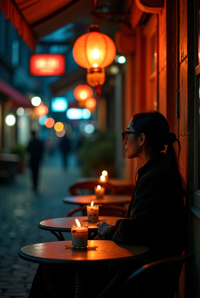 A mysterious night caFe with dimly lit lanterns casting warm glows on cobblestone streets, small tables adorned with Flickering candles, Depressed Asian woman sitting in a dim cafe at night, From the window you can see, Perfect profile, sunglasses, neon black, (Backlight: 1.1), Hard Shadows, artwork, best quality, complicated, Model shooting style, High quality, Film Grain, Incomplete details. capturing the interplay oF shadows and highlights, photography, Full-Frame DSLR with a 50mm prime lens, F/2.8 aperture, --16:9-5 o&#39;clock