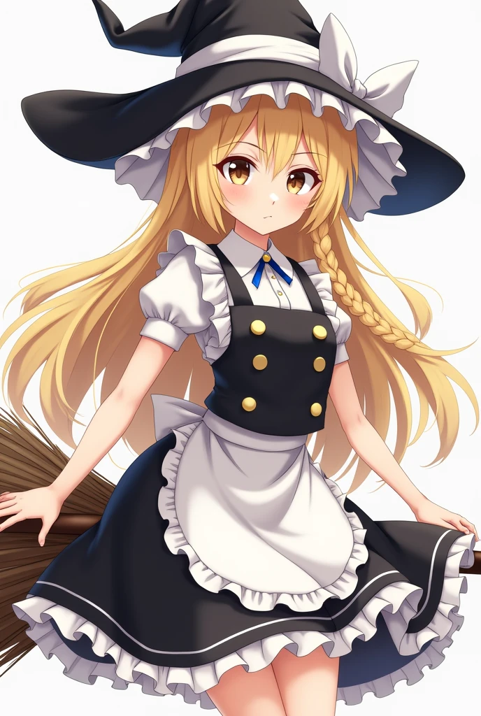 With an anime-like pattern、A wizard with long blonde hair、Only the right side is braided.。There is a white ribbon at the end of the braid.。Her hair is down except for the braid on the right side. She has a black wizard&#39;s hat with a ribbon.。The eyes are brown。Her clothes were black and white frilly like a wizard&#39;s.、The skirt has something like an apron on it.、Please wear clothes with four gold buttons arranged in a square on the chest.。Please put me on the broom。