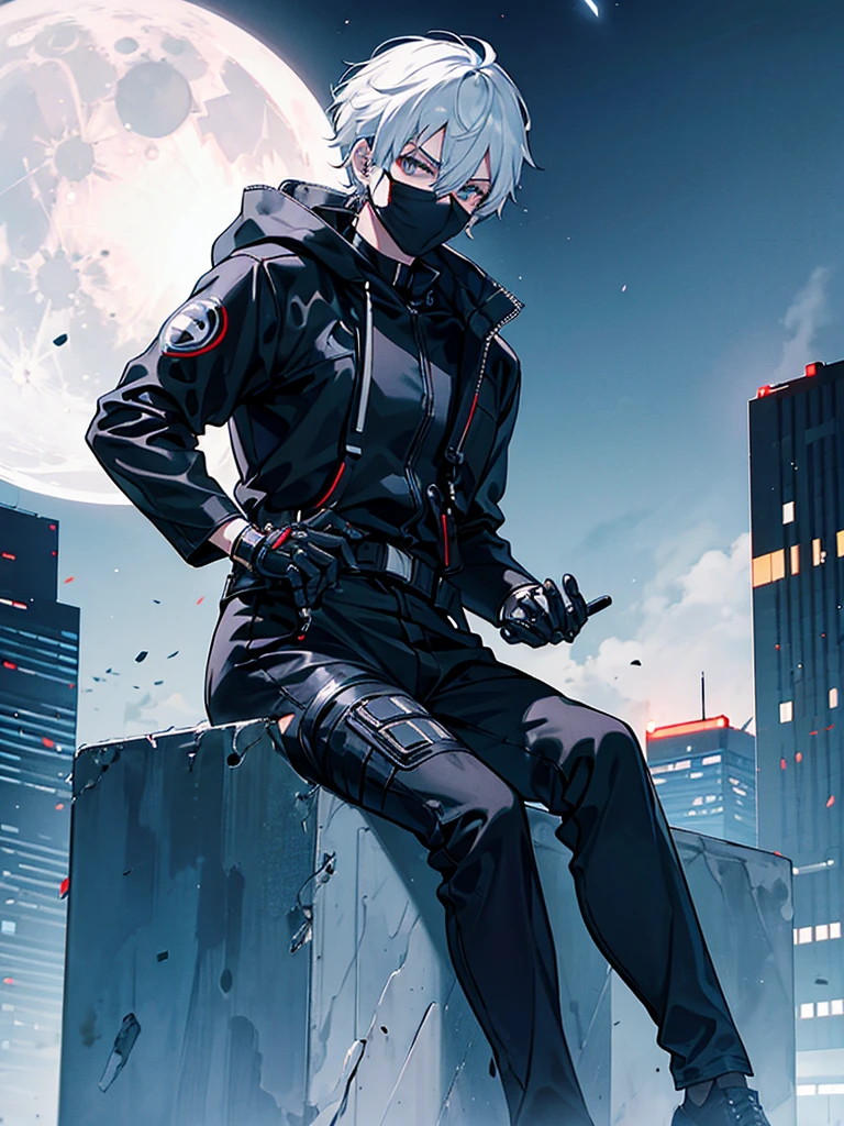 masked spy wearing all black clothing, with his entire face covered by a cybernetic mask, with white hair, with silver hoop earrings in his ear, alone on top of a building with the moon in the background