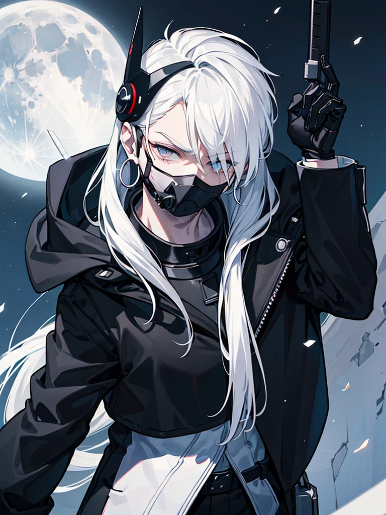 masked spy wearing all black clothing, with his entire face covered by a cybernetic mask, with white hair, with silver hoop earrings in his ear, alone on top of a building with the moon in the background