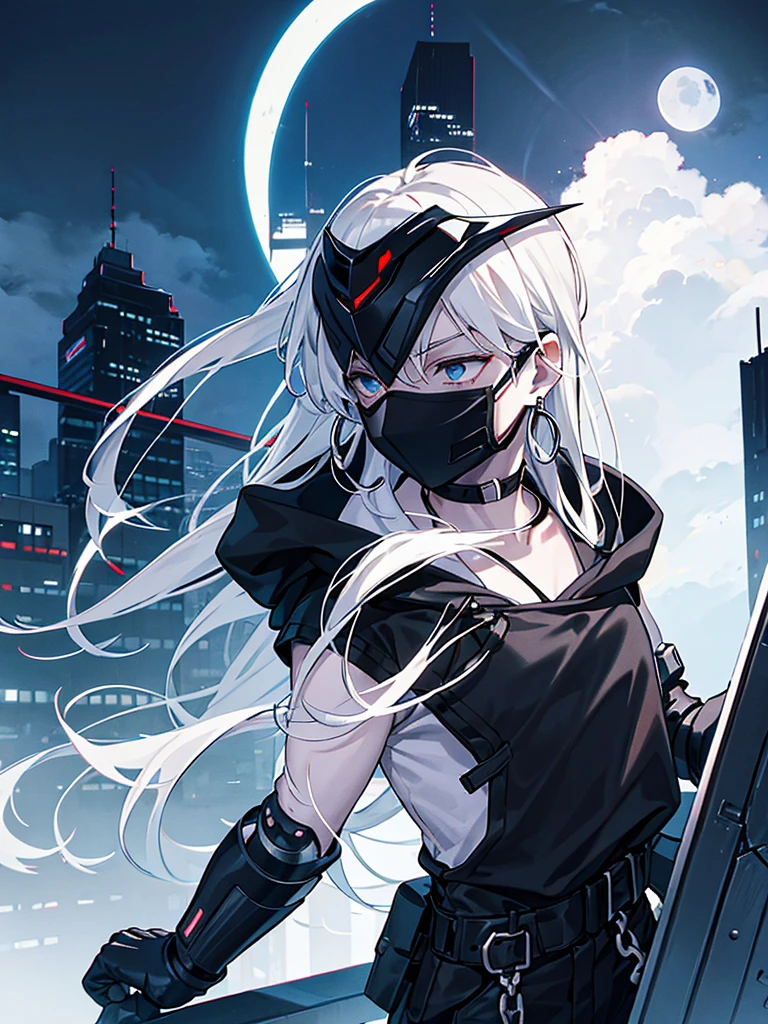 masked spy wearing all black clothing, with his entire face covered by a cybernetic mask, with white hair, with silver hoop earrings in his ear, alone on top of a building with the moon in the background
