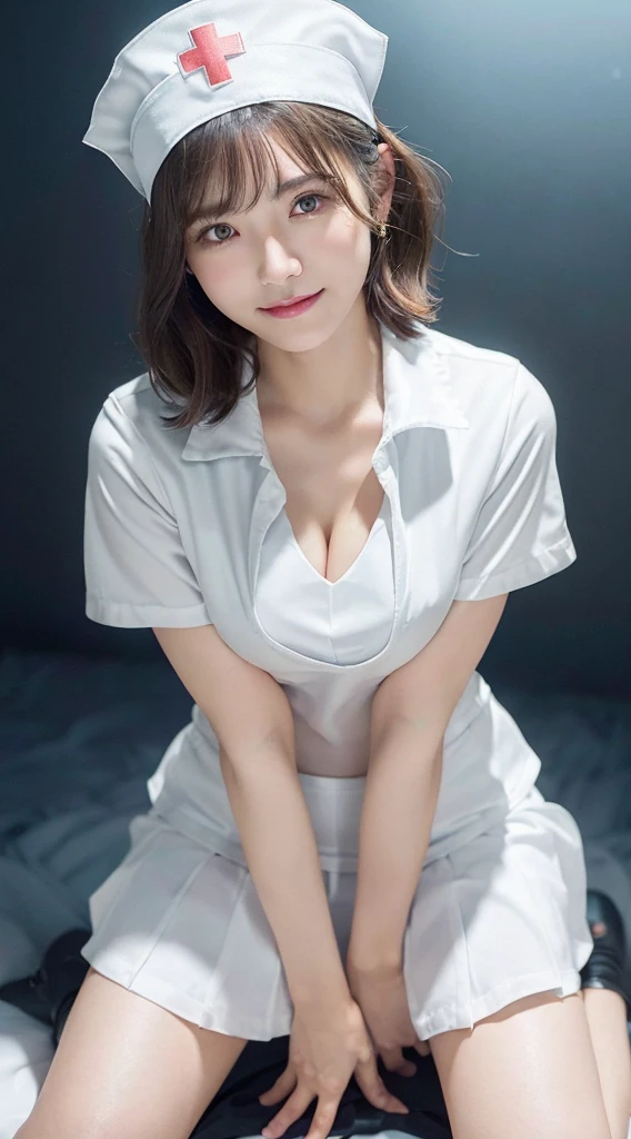 Innocent 14 year old girl,Colossal tits:1.2,cleavage of the breast:1.2、(pantyshot:1.3) (White nurse uniform:1.5),( White short skirt:1.5),(White nurse cap:1.5),(White Nurse Pump:1.5), (Squatting:1.3)、Angle:1.2、(Hands down:1.5)、The background is a hospital room、Smile,short-cut、Raw photo, (8K、top-quality、masterpiece:1.2)、(intricate detailes:1.4)、(Photorealsitic:1.4)、octane renderings、Complex 3D rendering ultra detail, Studio Soft Light, Rim Lights, vibrant detail, super detailing, realistic skin textures, Detail Face, Beautiful detail eyes, Very detailed CG Unity 16k wallpaper, make - up, (detailedbackground:1.2), shinny skin, Full body,Squat down and bend your knees