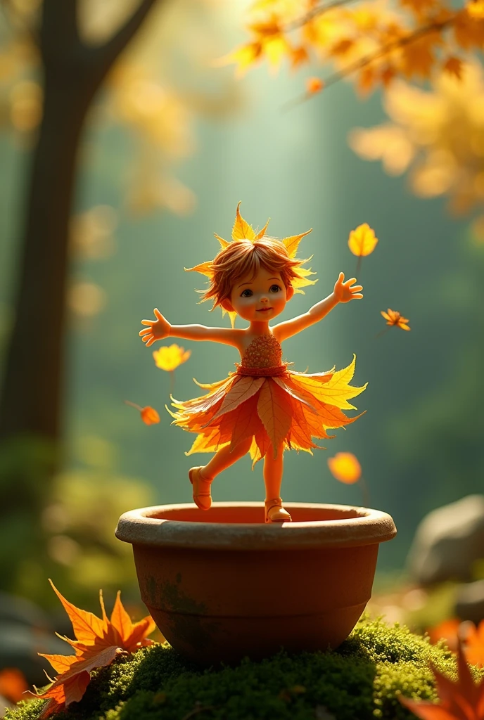 A whimsical miniature figure of boy composed of delicately arranged autumn leaves, poised in a carefree dance on the rjm of a weathered , moss-covered terracotta pot, set against a lush, vibrant forest backdrop, where dappled sunlight filters through the canopy above, casting intricate shadows. The overall aesthetic is ethereal, with warm,earthy tones of sienna, umber , and olive green , infused with hints of emerald and golden light, evoking a sense of wonder and enchantment, as if plucked from a fantastical realm
