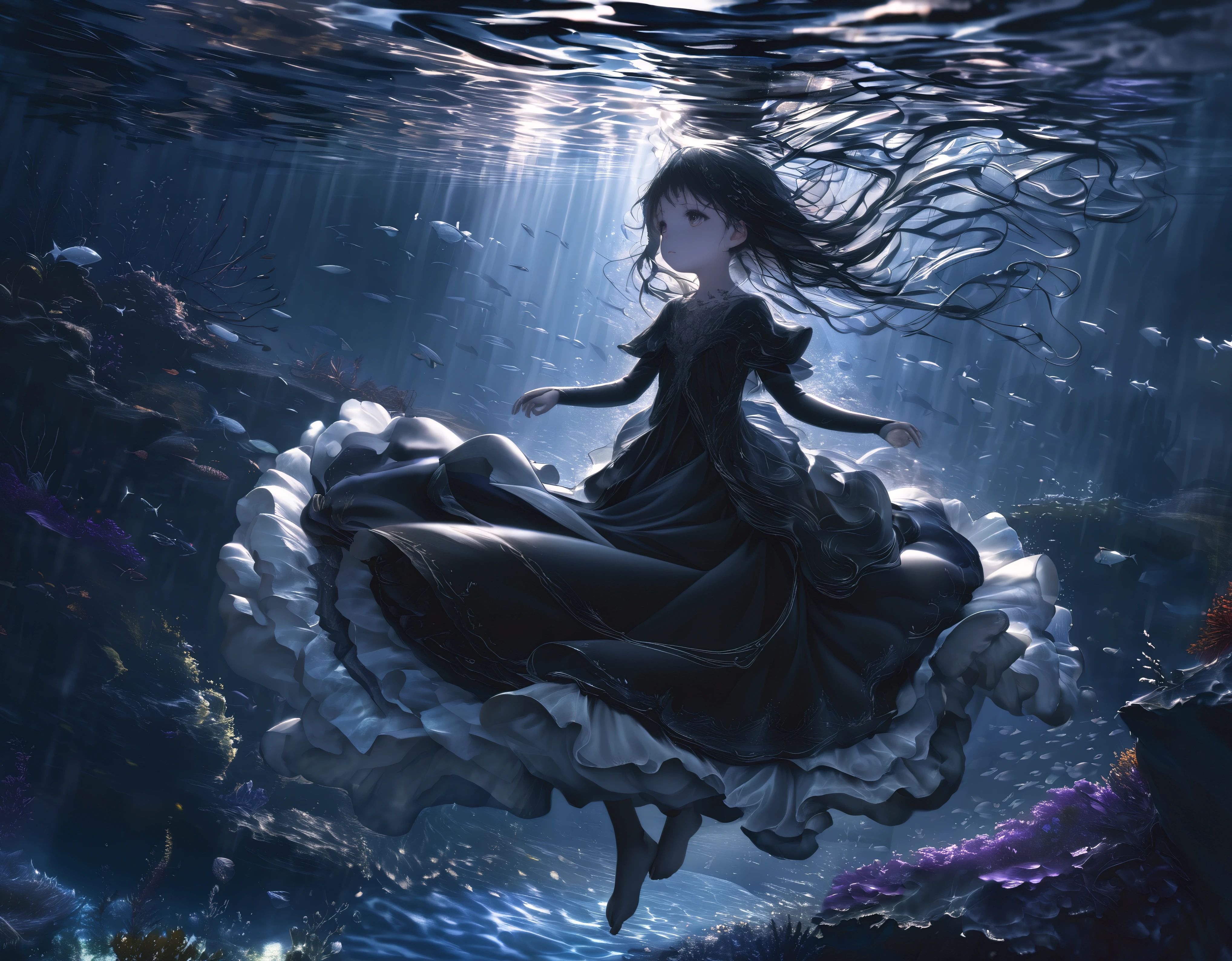 (full body), (solo), (A 7-year-old girl:1.2), (very young little girl), loli, (Solo), (small breast), (wide angle), raw photo, Aesthetic, Convoluted, Awarded, chiaroscuro, Best Quality, Detailed background, (underwater atmosphere:1.2), (underwater photo, floating drowning:1.1), ((Girl in very long black dress:1.2)), (very wet dress:1.1), detailxl, As the tempest rages overhead, the world is painted in a monochrome dance of silver and darkness, the rain a relentless symphony of nature's power. Amidst this deluge, a young girl emerges, her silhouette a stark contrast to the storm's fury. She is adorned in a black sheer transparent long skirt, a garment that whispers of mystery and allure.
Submerged in the water, the skirt takes on a life of its own, a dark, flowing silhouette that moves with the grace and fluidity of the deep. The black fabric, once a stark contrast to the world above, now becomes a part of the underwater realm, its transparency allowing the subtle play of light to filter through, casting shadows and highlights that dance around the girl.
The skirt's transparency allows the water to become a second layer of the garment, the fabric clinging to her form like a second skin, revealing and concealing in equal measure. The darkness of the fabric contrasts with the clarity of the water, creating a visual illusion of depth and dimension that adds to the skirt's allure.
As the skirt moves with the water, it creates a sense of motion and flow, the fabric rippling and swirling around her like a dark current. The hem of the skirt sways gently, brushing against the underwater terrain, leaving a trail of disturbed sediment in its wake, a testament to the skirt's passage through the depths.
The black sheer fabric is adorned with subtle details that become more pronounced underwater. Perhaps there are delicate patterns or embroidery that shimmer in the refracted light, adding a touch of elegance and sophistication to the skirt. These details are like hidden treas