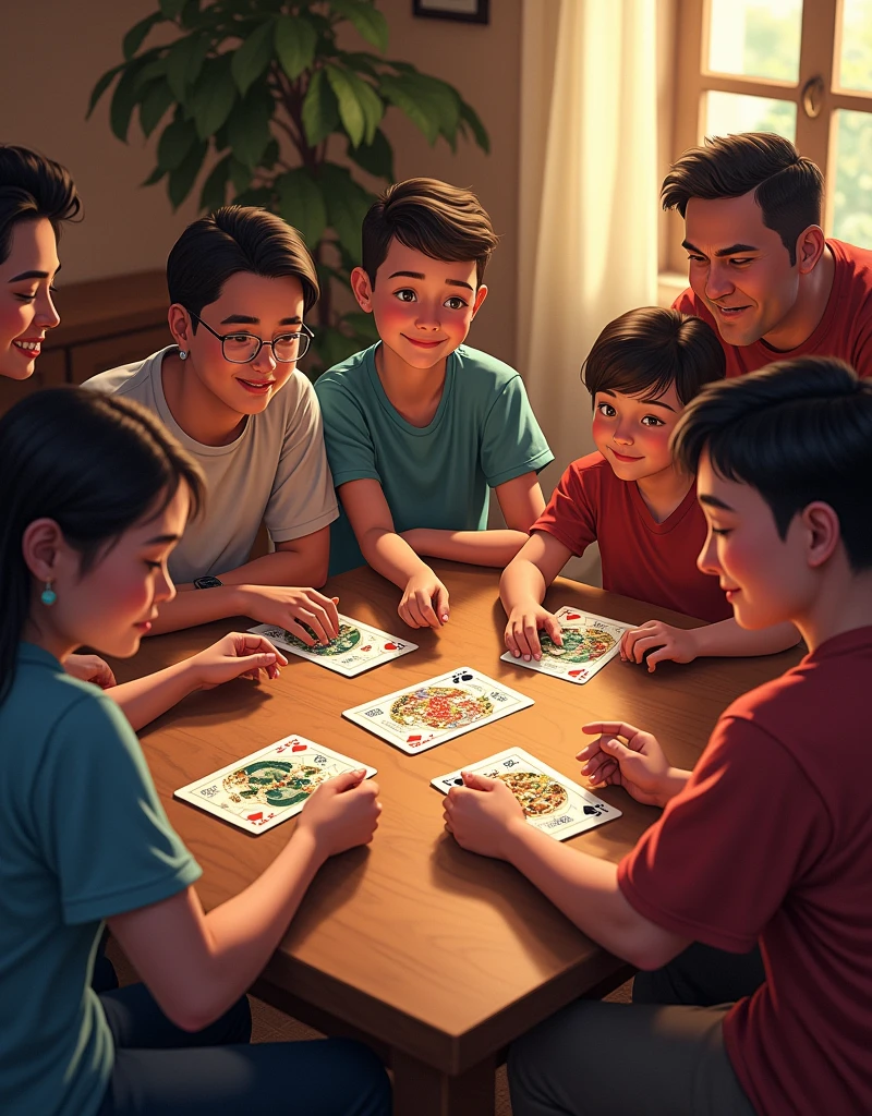 a card game gathering,family game,players collecting pairs,avoiding odd penalty card,black queen card,detailed and vibrant illustration,photorealistic style,beautiful lighting,warm color palette,intricate card designs,dynamic card gameplay,high resolution,masterpiece