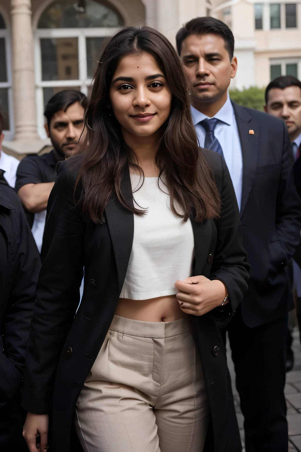 ((best quality)), ((masterpiece)), (detailed),
A 21 year old beautiful Indian girl with long hair smiling face beautiful eyes wearing dark coloured suit coat pant prime minister looking at side covered with her security and body guards standing full pic not looking at camera taken from long distance pic taken from side