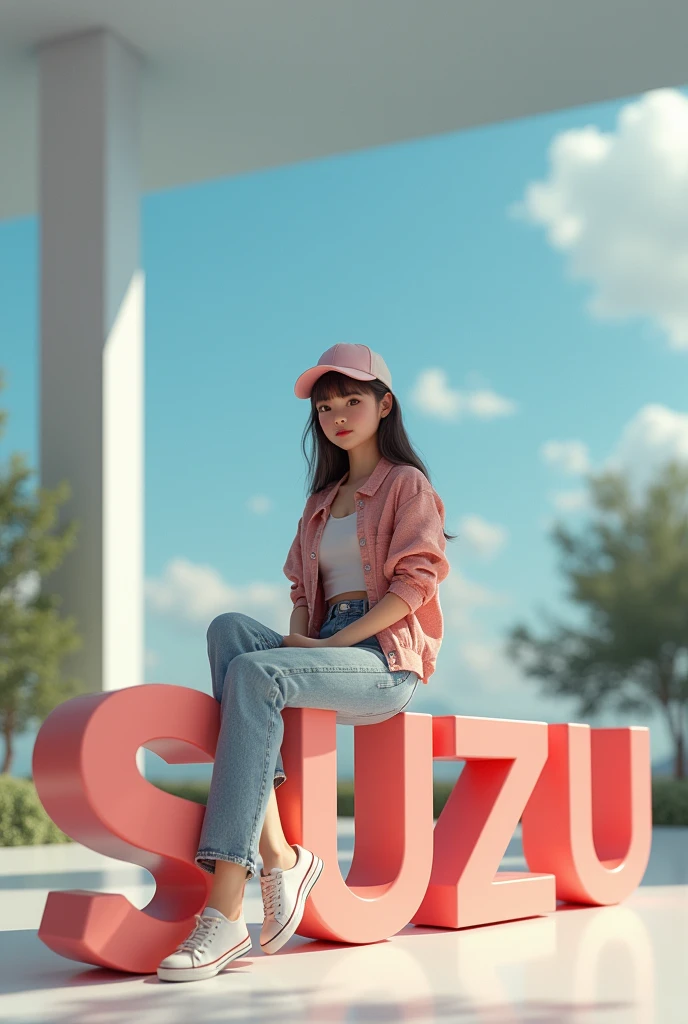 Create a 3d scene with smart graphic and beautiful girl sitting casually on the name Suzu in the large ed text  in trendy casual